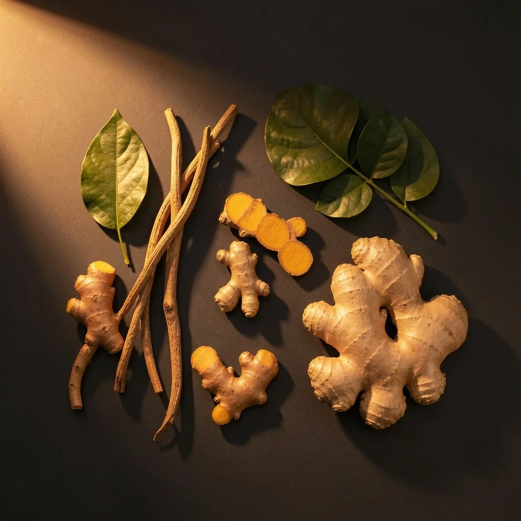 Arranged Indonesian botanical ingredients under amber light