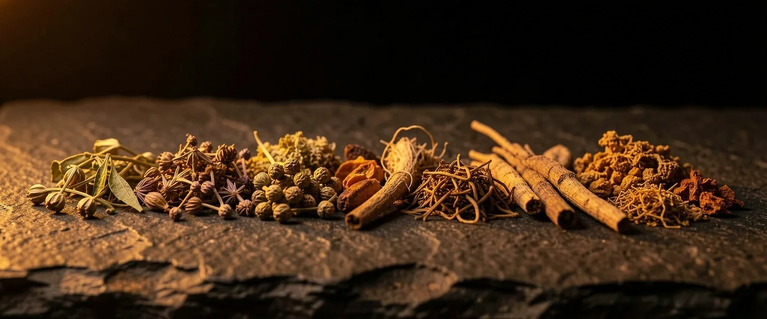 Dried Indonesian botanical herbs arranged on dark stone