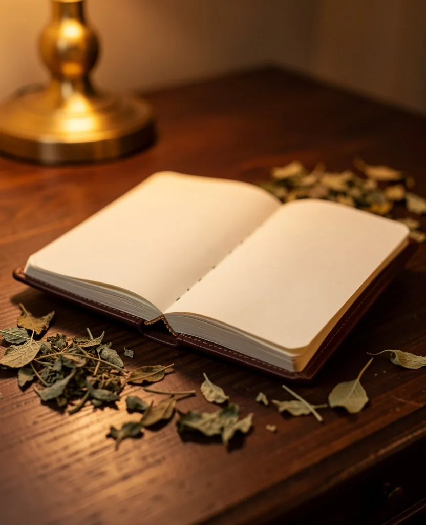 Editorial research desk with dried herbs and notes