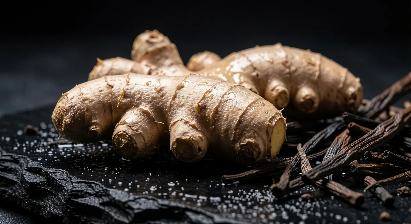Macro study of Indonesian ginger root and ginseng on dark slate