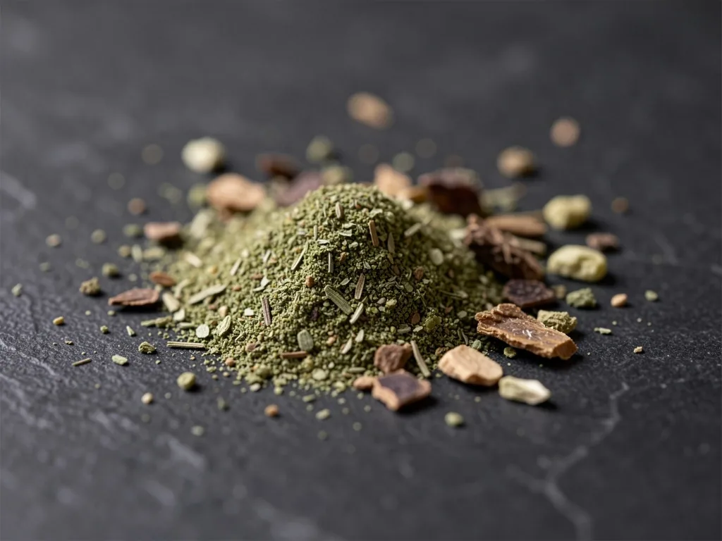 Herbal powder and root extract on dark surface