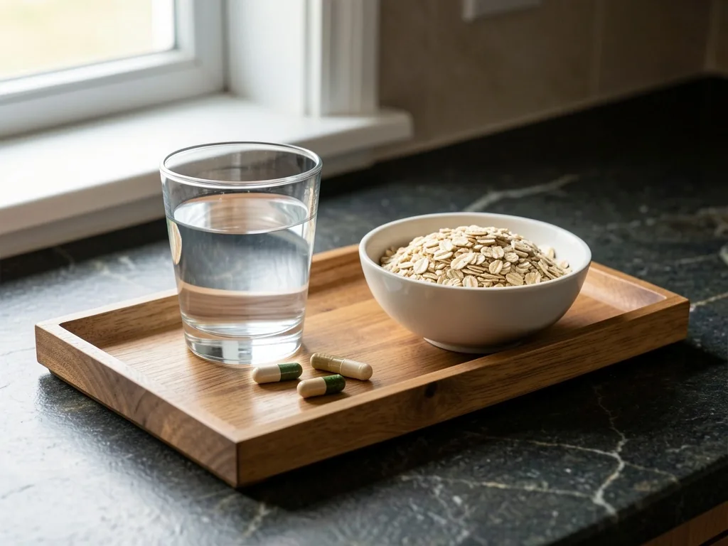 Morning supplement routine with water and food on dark counter