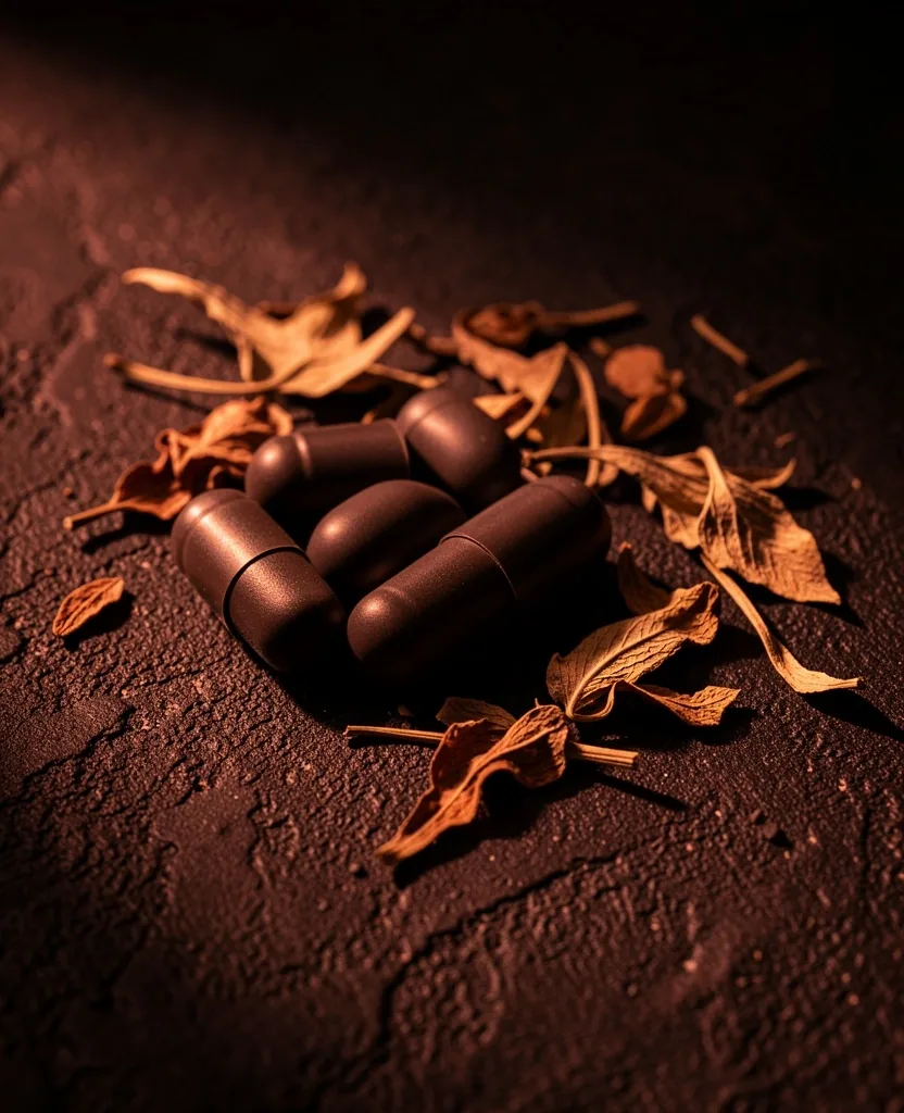 Supplement capsules and botanical leaves on dark surface