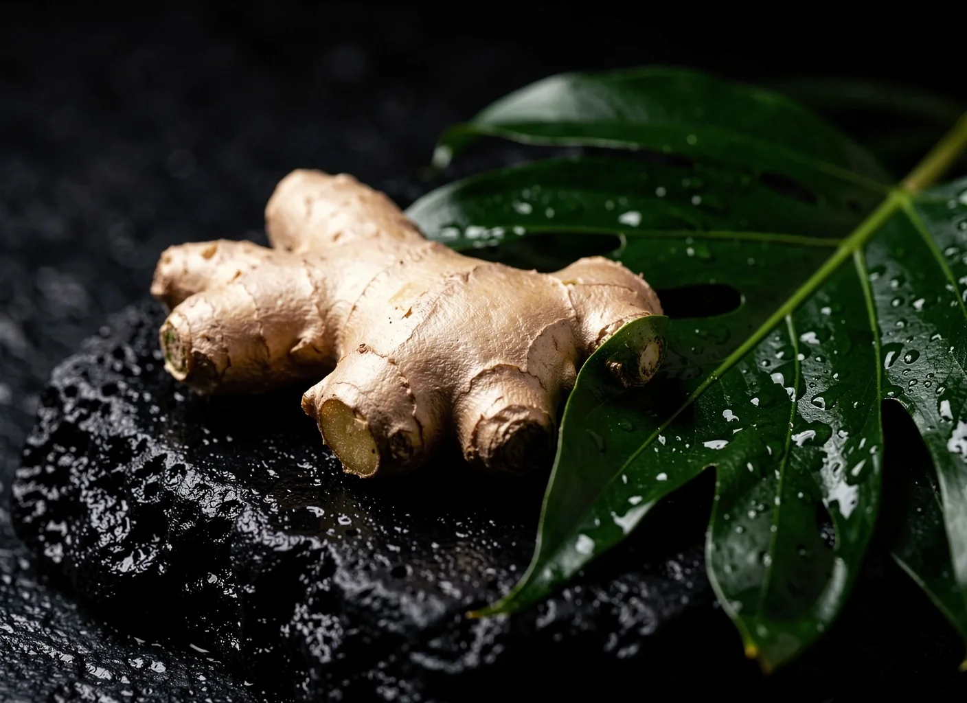 Fresh ginger root and tropical botanicals on dark stone