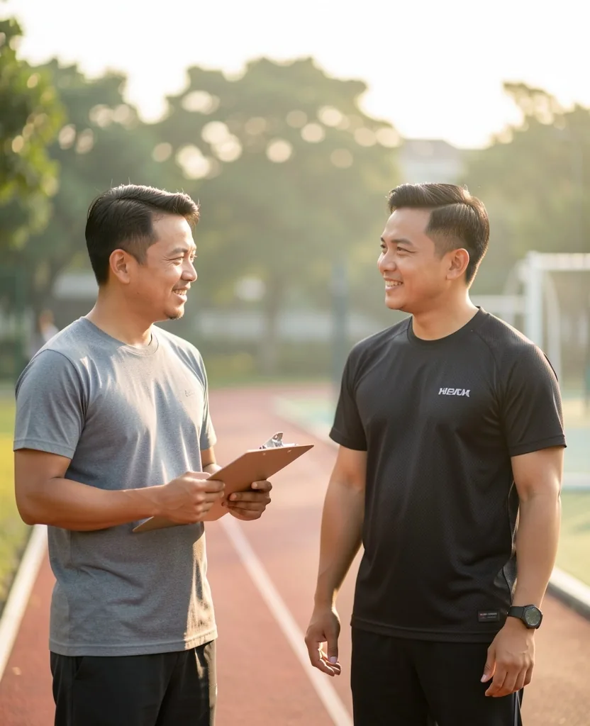 Two men reviewing a training notebook together