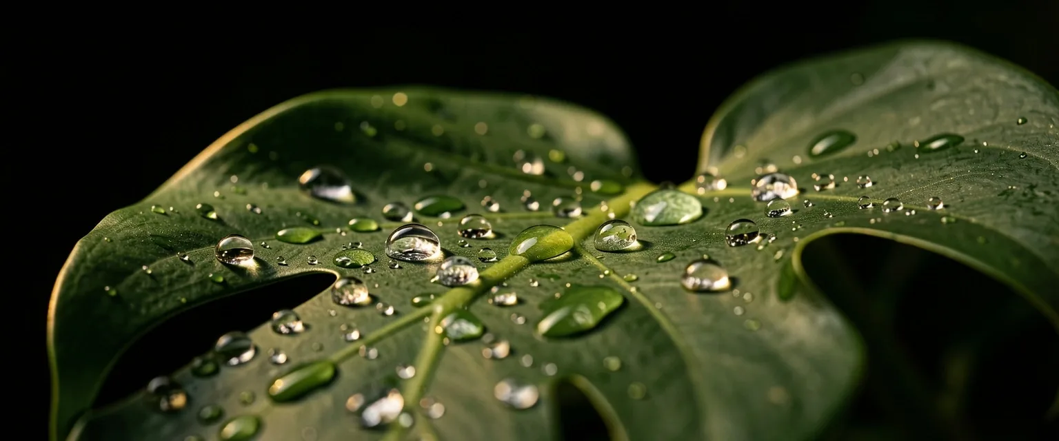 Water droplets on a dark green tropical leaf