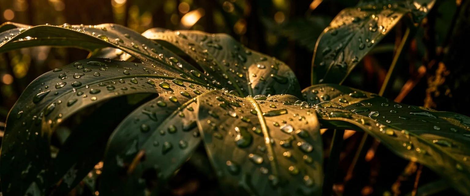 Dark tropical leaves with water droplets under low light