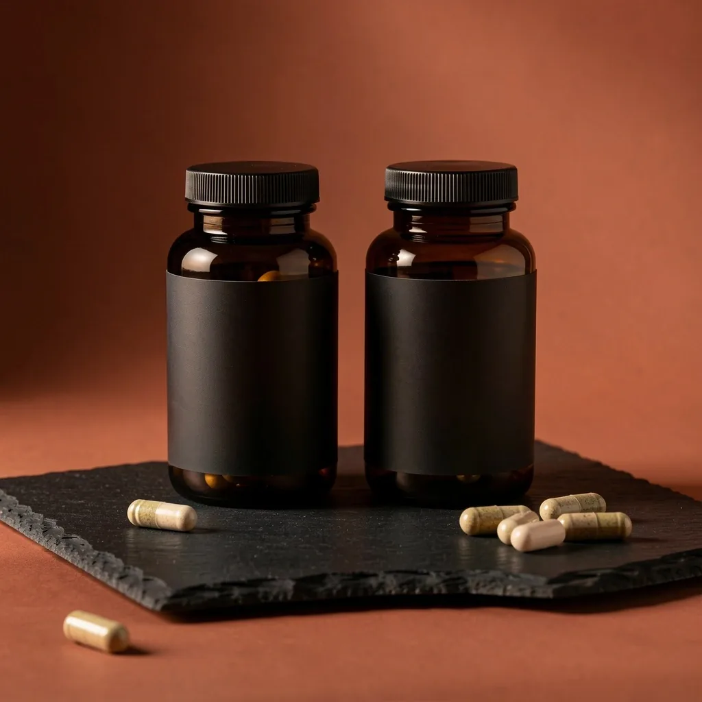 Dark amber glass bottles with botanical extract capsules on black slate