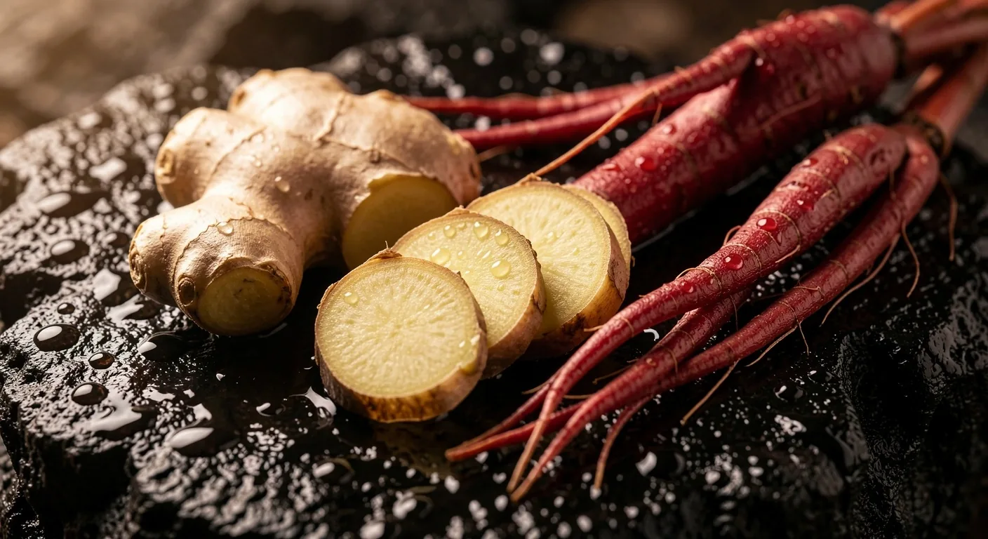 Fresh Indonesian ginger and ginseng roots on dark volcanic stone