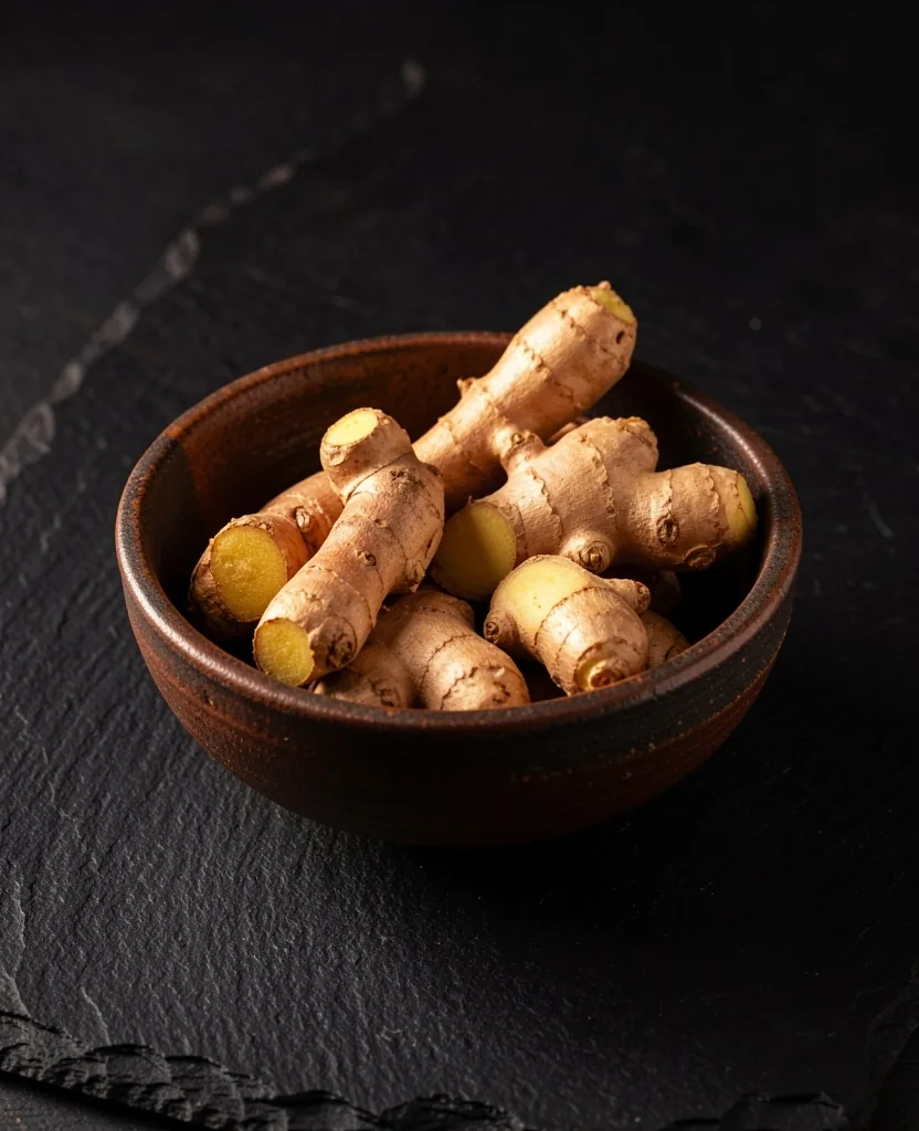 Turmeric and ginger roots in a dark ceramic bowl