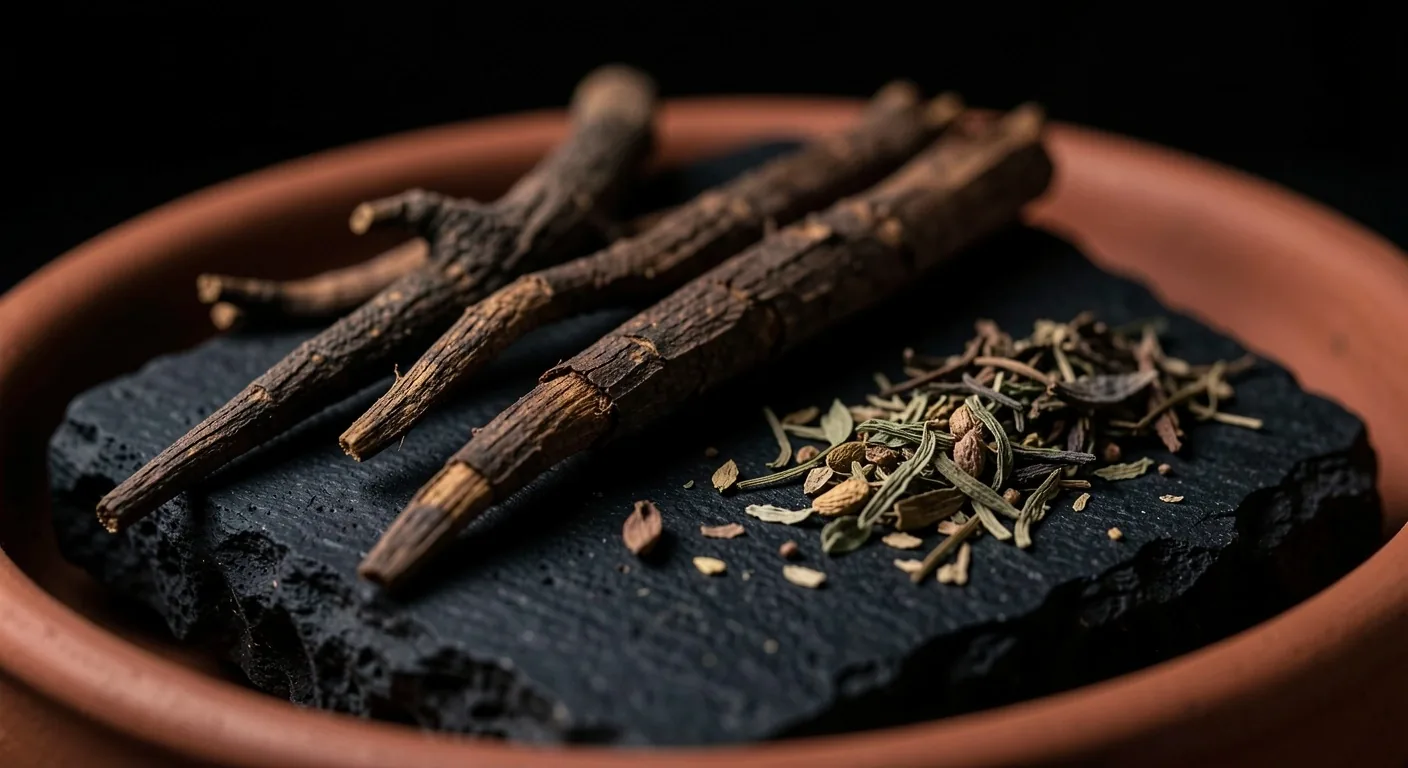 Dark botanical ingredients on stone