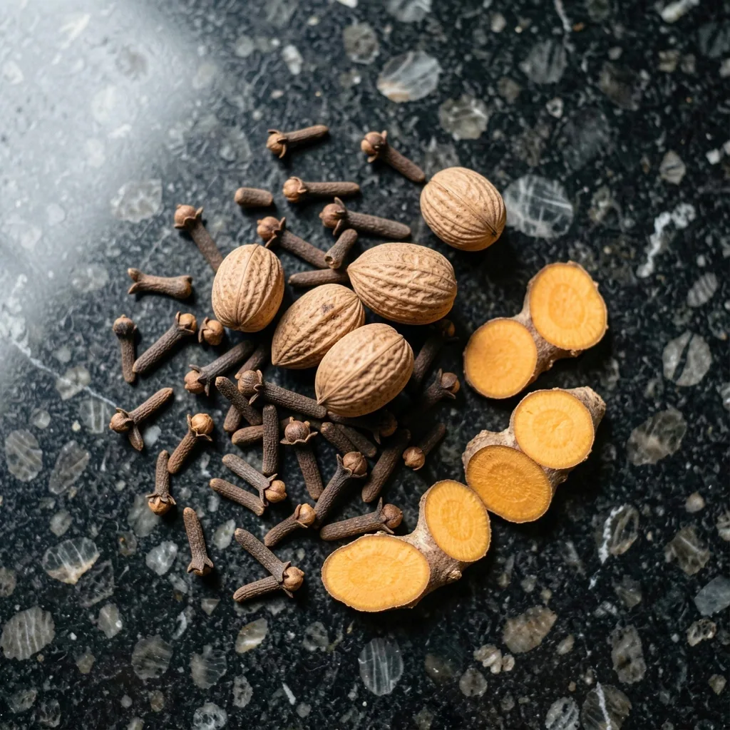 Dark botanical ingredients on a textured slate surface
