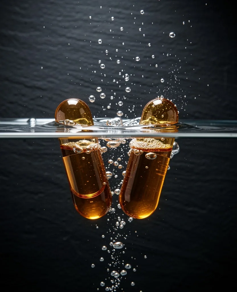 Capsules dissolving in water on dark background