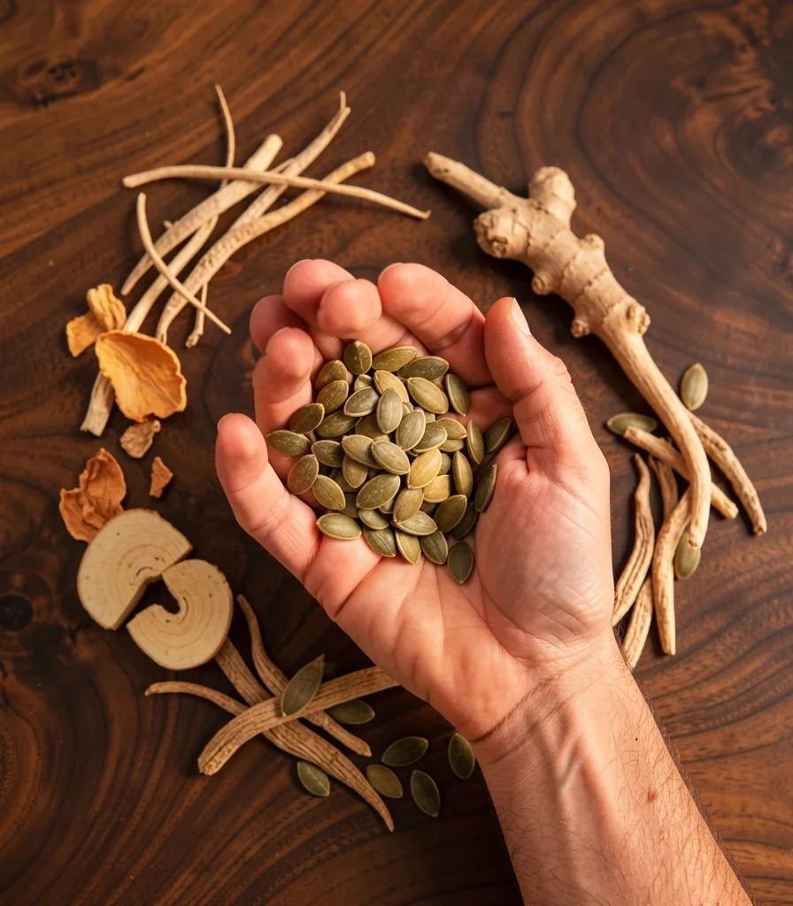 Hands holding natural supplement ingredients over dark wood