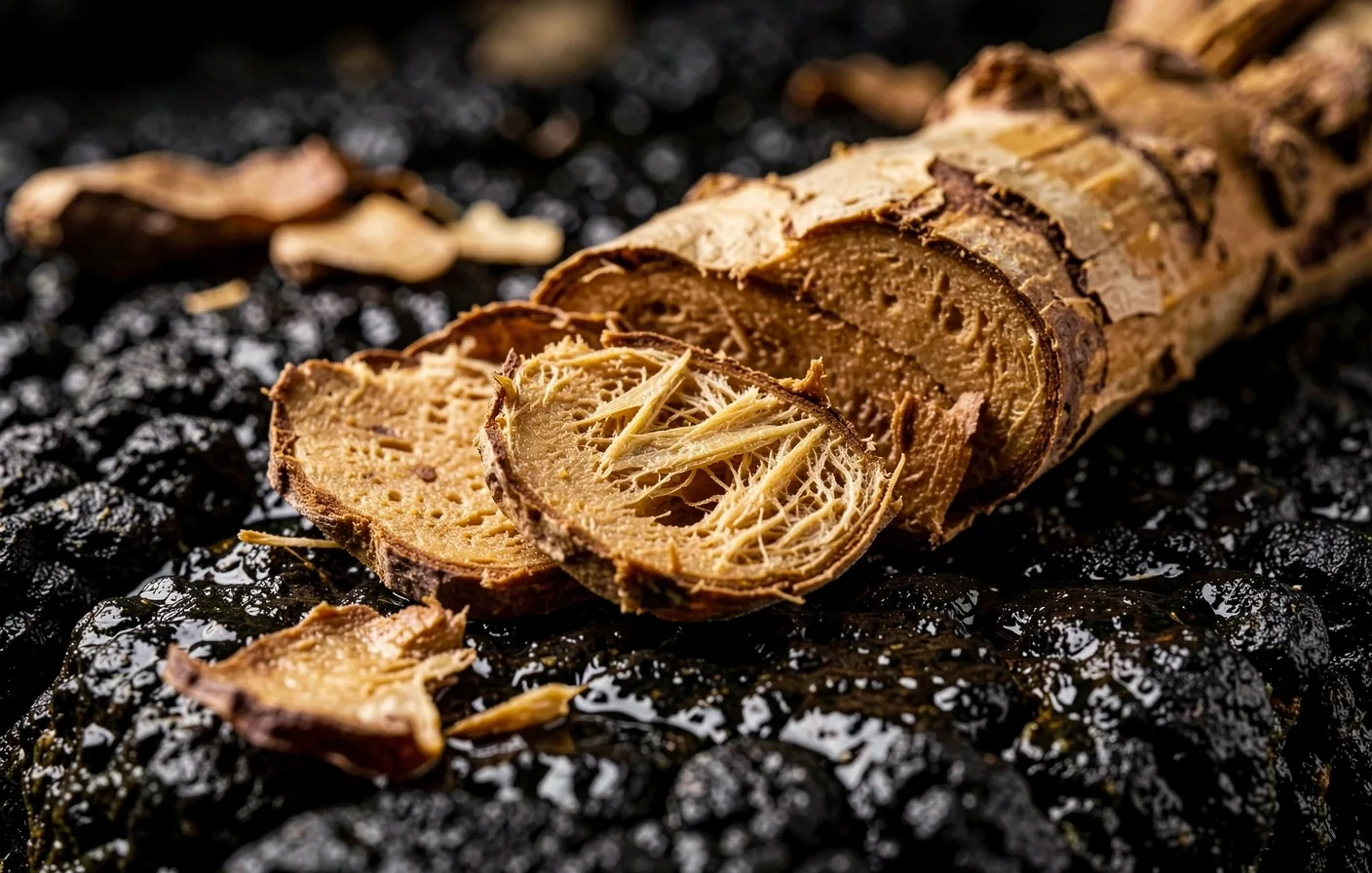 Macro photograph of botanical roots on dark stone