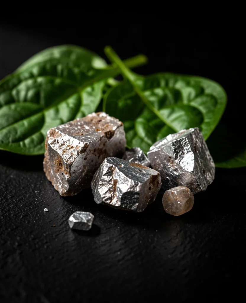 Magnesium-rich minerals and leafy greens on dark stone