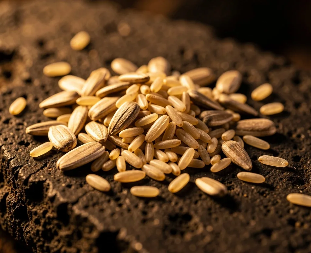 Sunflower seeds and rice bran on volcanic stone