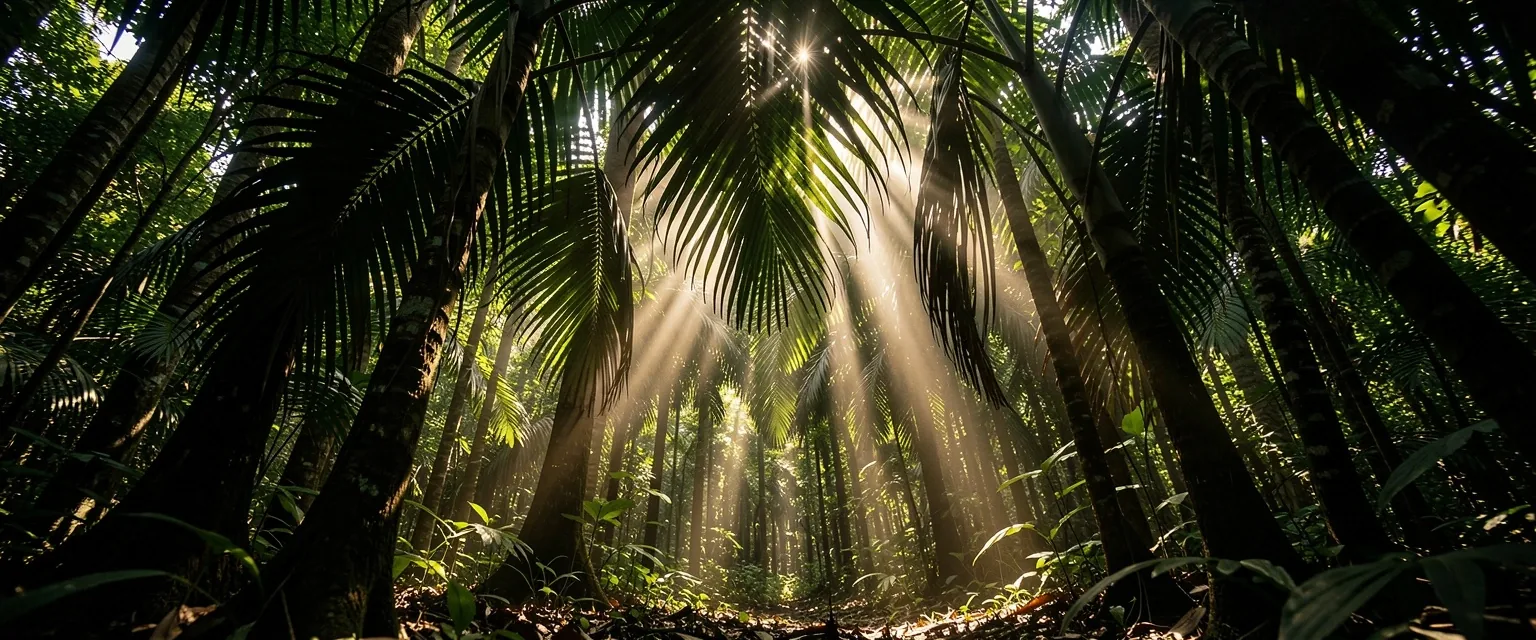 Sunlight through tropical canopy in deep shadows